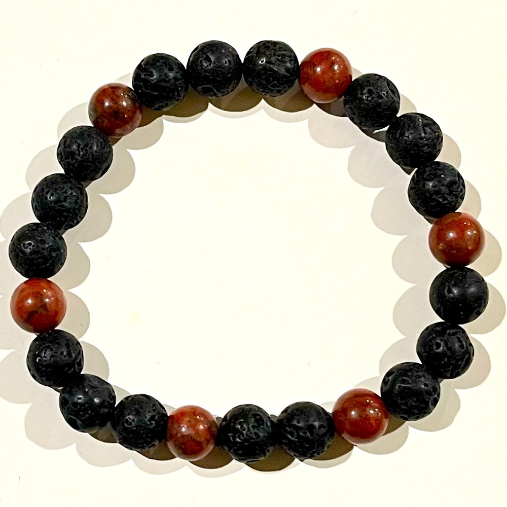 Lava Stone & Red Sesame Jasper Crystal Bead Bracelet.  8mm beads.  NWOT